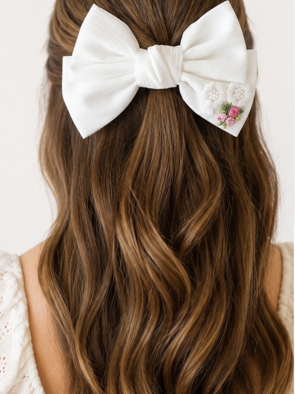 White Floral Embroidered Hair Bow Clip for Women